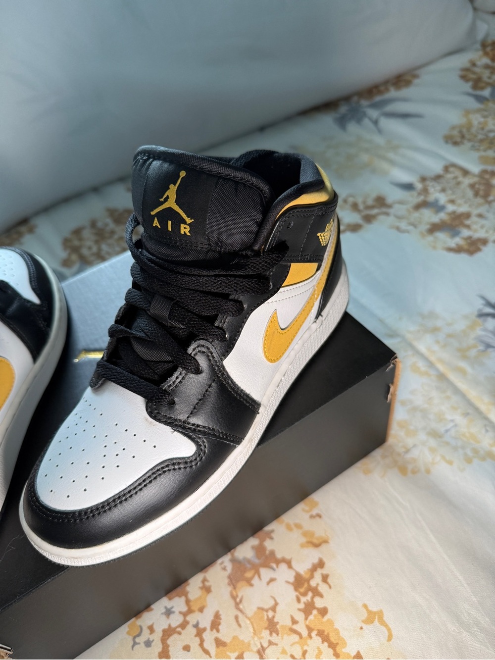Jordan Kids Black White and Yellow Mid-Top Sneakers